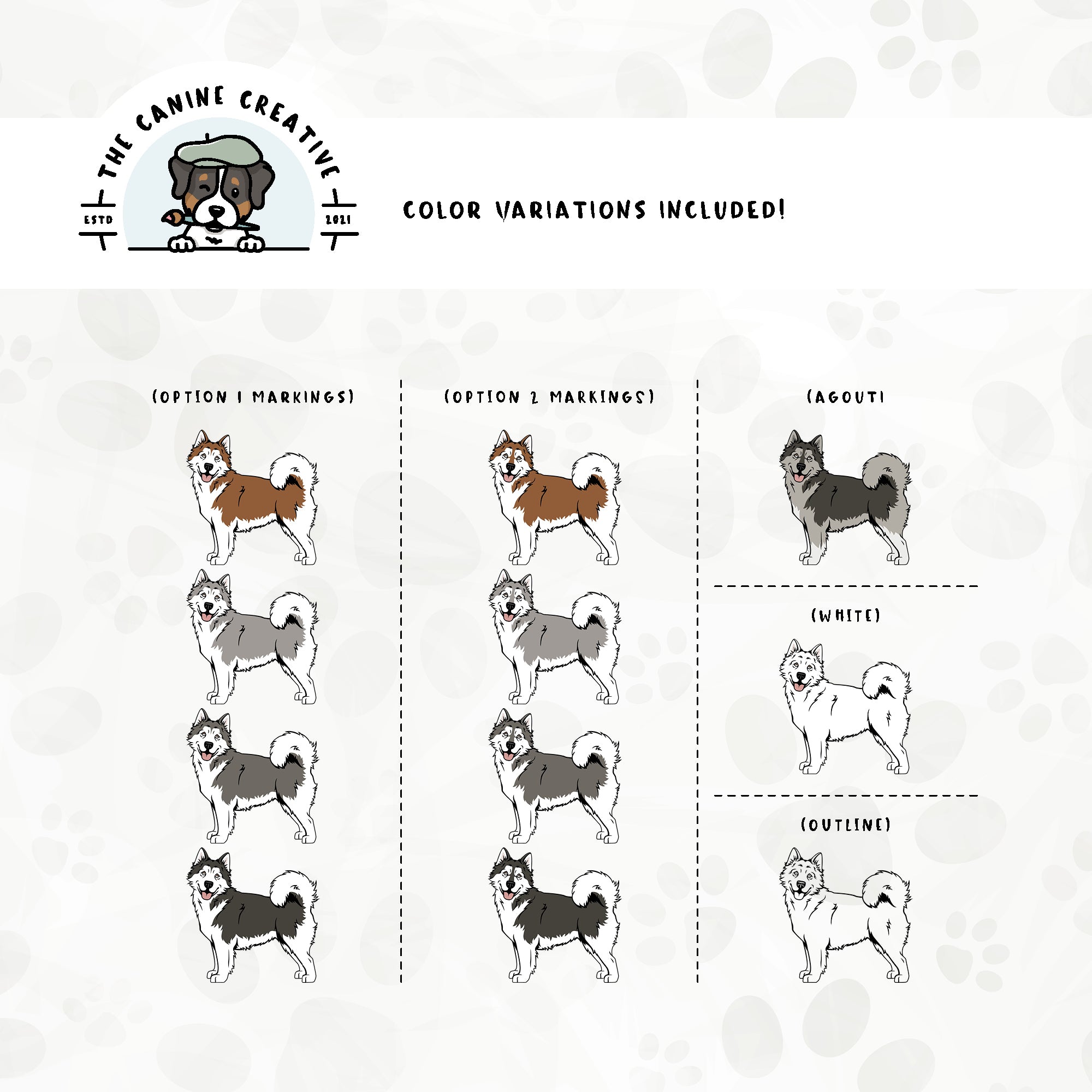 Dog color variations for each design in this bundle include common color and marking variations found in Alaskan Malamutes (bi-color, Agouti, and white), as well as an outline option.
